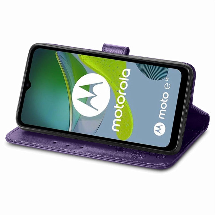 For Motorola Moto E13 Four-leaf Clasp Embossed Buckle Leather Phone Case