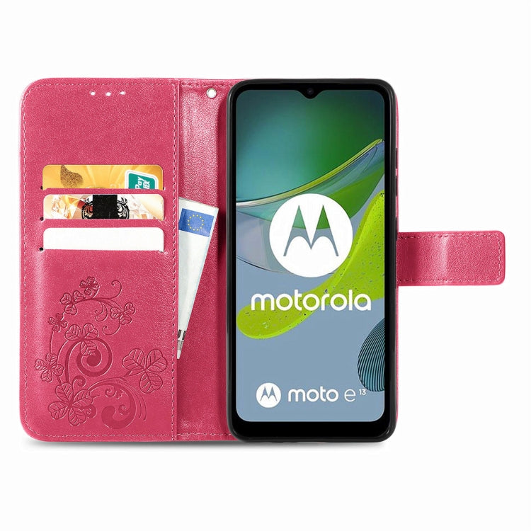 For Motorola Moto E13 Four-leaf Clasp Embossed Buckle Leather Phone Case