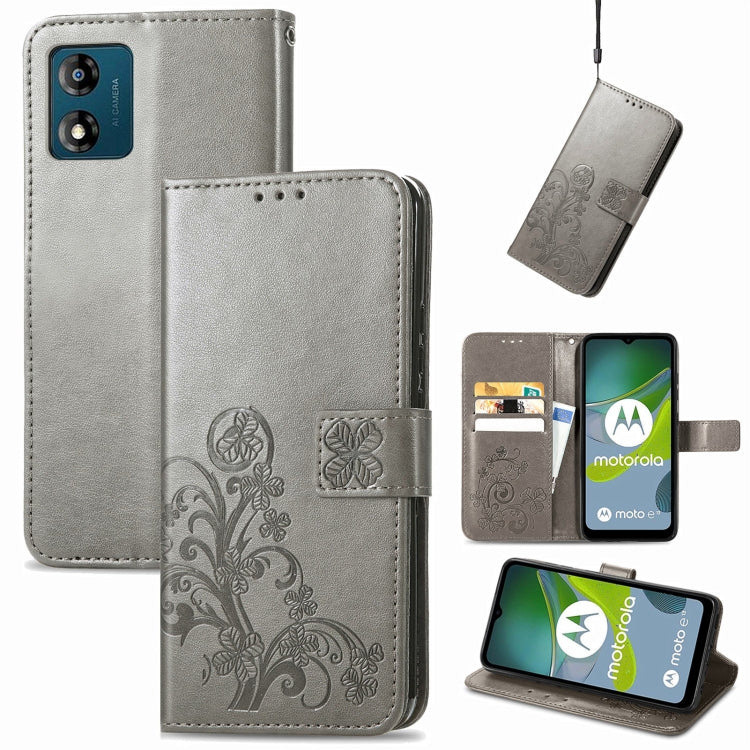 For Motorola Moto E13 Four-leaf Clasp Embossed Buckle Leather Phone Case