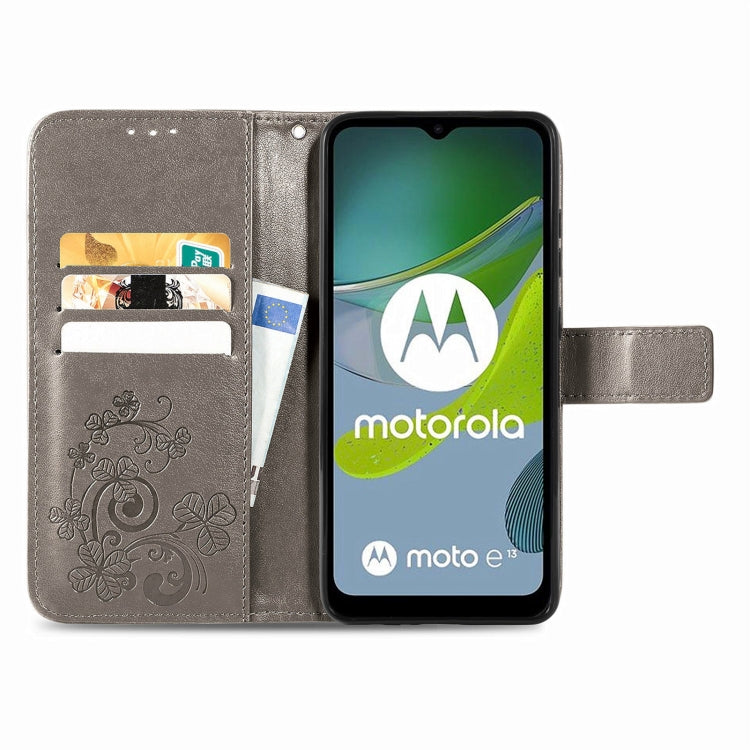 For Motorola Moto E13 Four-leaf Clasp Embossed Buckle Leather Phone Case