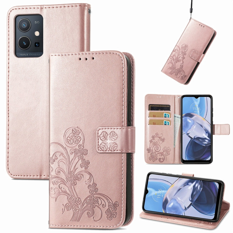 For Motorola Moto E22 4G Four-leaf Clasp Embossed Buckle Leather Phone Case