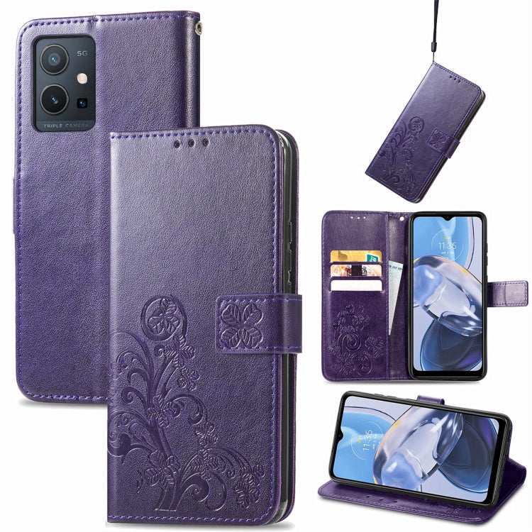 For Motorola Moto E22 4G Four-leaf Clasp Embossed Buckle Leather Phone Case