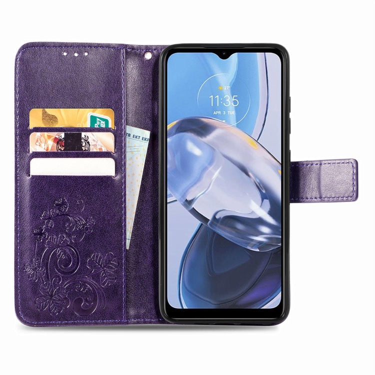 For Motorola Moto E22 4G Four-leaf Clasp Embossed Buckle Leather Phone Case