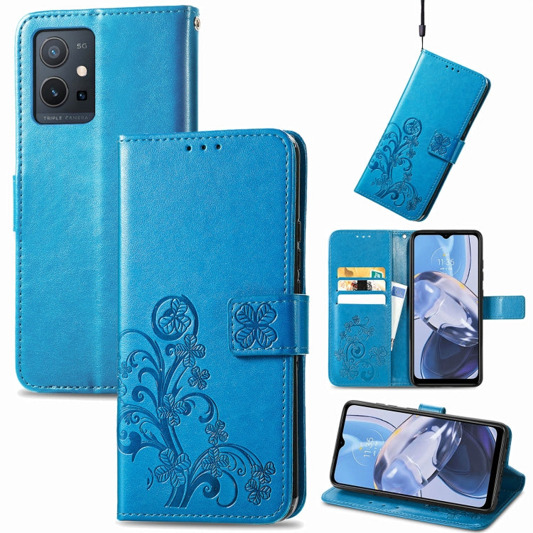 For Motorola Moto E22 4G Four-leaf Clasp Embossed Buckle Leather Phone Case