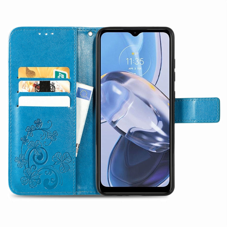 For Motorola Moto E22 4G Four-leaf Clasp Embossed Buckle Leather Phone Case