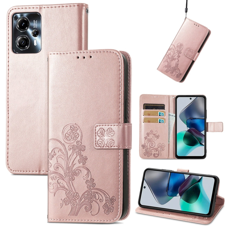 For Motorola Moto G23 Four-leaf Clasp Embossed Buckle Leather Phone Case