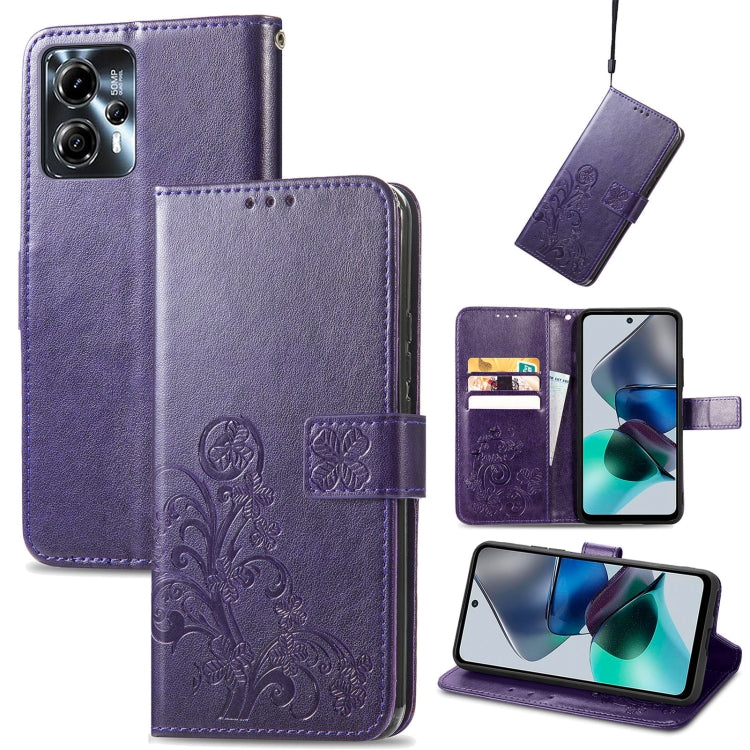 For Motorola Moto G23 Four-leaf Clasp Embossed Buckle Leather Phone Case