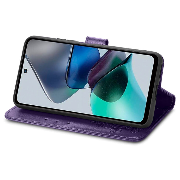 For Motorola Moto G23 Four-leaf Clasp Embossed Buckle Leather Phone Case