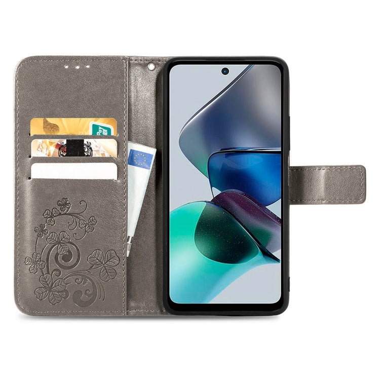 For Motorola Moto G23 Four-leaf Clasp Embossed Buckle Leather Phone Case