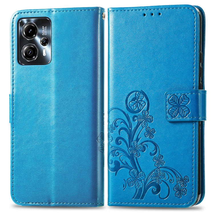 For Motorola Moto G23 Four-leaf Clasp Embossed Buckle Leather Phone Case