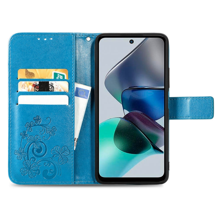 For Motorola Moto G23 Four-leaf Clasp Embossed Buckle Leather Phone Case