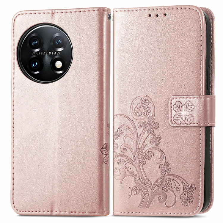For OnePlus 11 Four-leaf Clasp Embossed Buckle Leather Phone Case