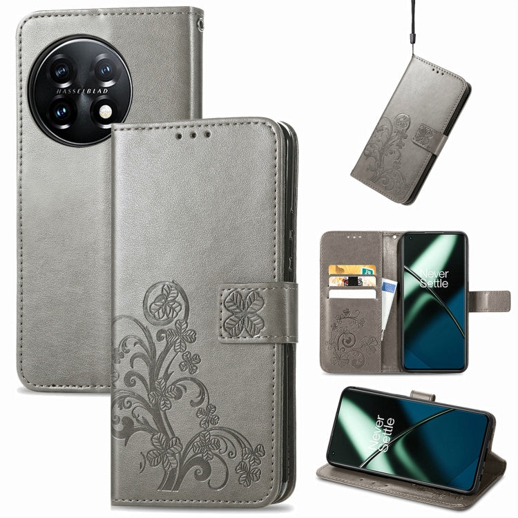 For OnePlus 11 Four-leaf Clasp Embossed Buckle Leather Phone Case