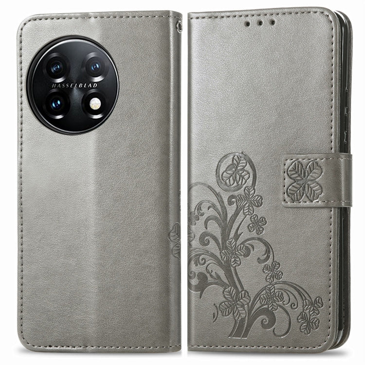 For OnePlus 11 Four-leaf Clasp Embossed Buckle Leather Phone Case