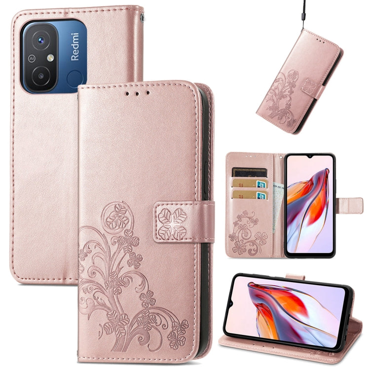 For Xiaomi Redmi 12C Four-leaf Clasp Embossed Buckle Leather Phone Case