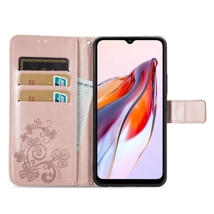 For Xiaomi Redmi 12C Four-leaf Clasp Embossed Buckle Leather Phone Case
