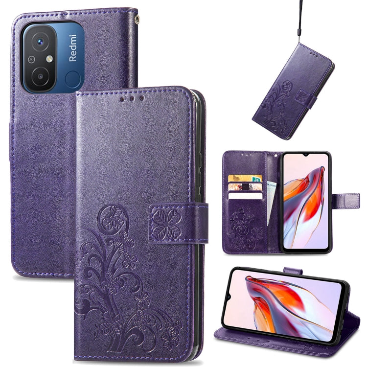 For Xiaomi Redmi 12C Four-leaf Clasp Embossed Buckle Leather Phone Case