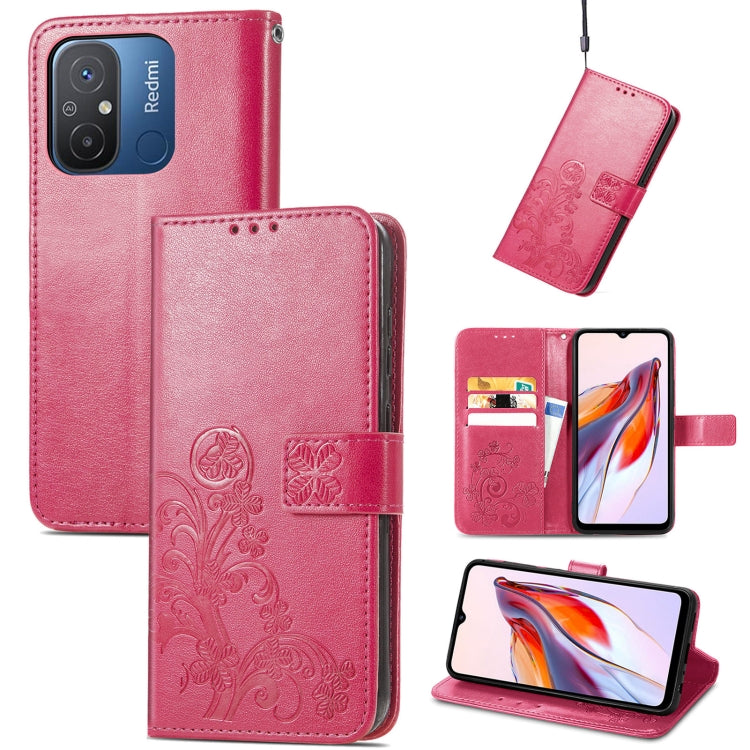 For Xiaomi Redmi 12C Four-leaf Clasp Embossed Buckle Leather Phone Case
