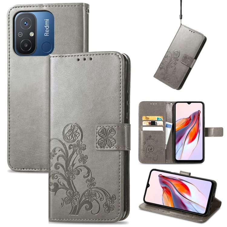 For Xiaomi Redmi 12C Four-leaf Clasp Embossed Buckle Leather Phone Case