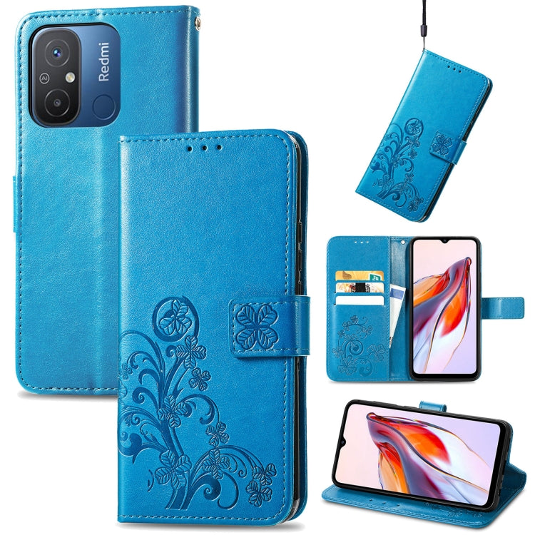 For Xiaomi Redmi 12C Four-leaf Clasp Embossed Buckle Leather Phone Case