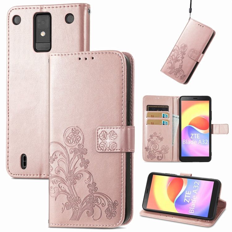 For ZTE Blade A32 Four-leaf Clasp Embossed Buckle Leather Phone Case