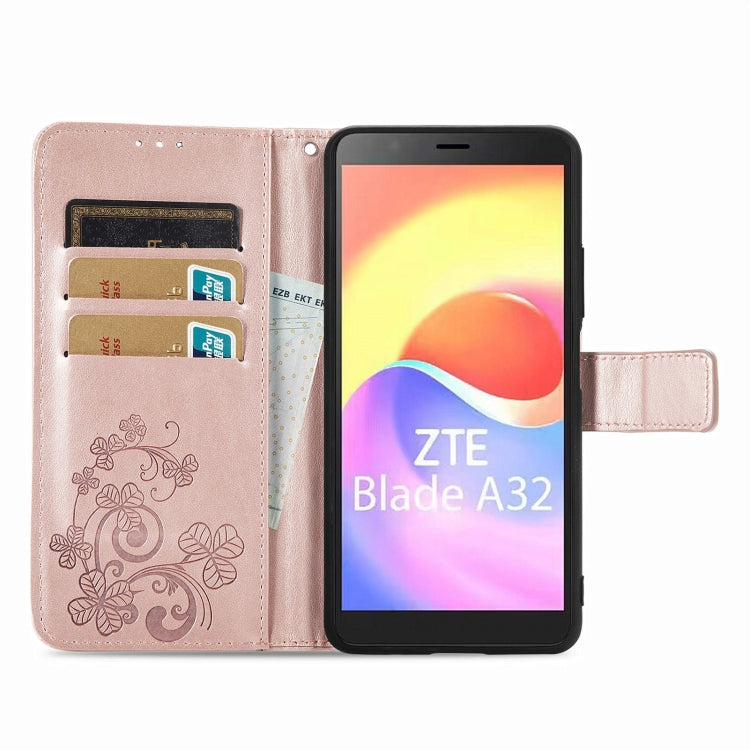 For ZTE Blade A32 Four-leaf Clasp Embossed Buckle Leather Phone Case