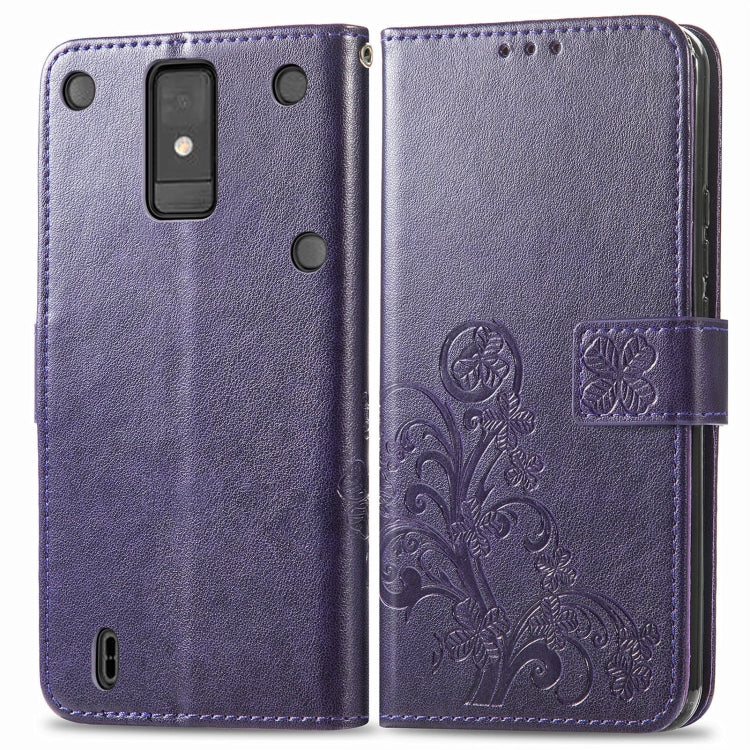 For ZTE Blade A32 Four-leaf Clasp Embossed Buckle Leather Phone Case