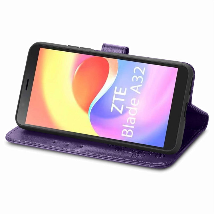 For ZTE Blade A32 Four-leaf Clasp Embossed Buckle Leather Phone Case