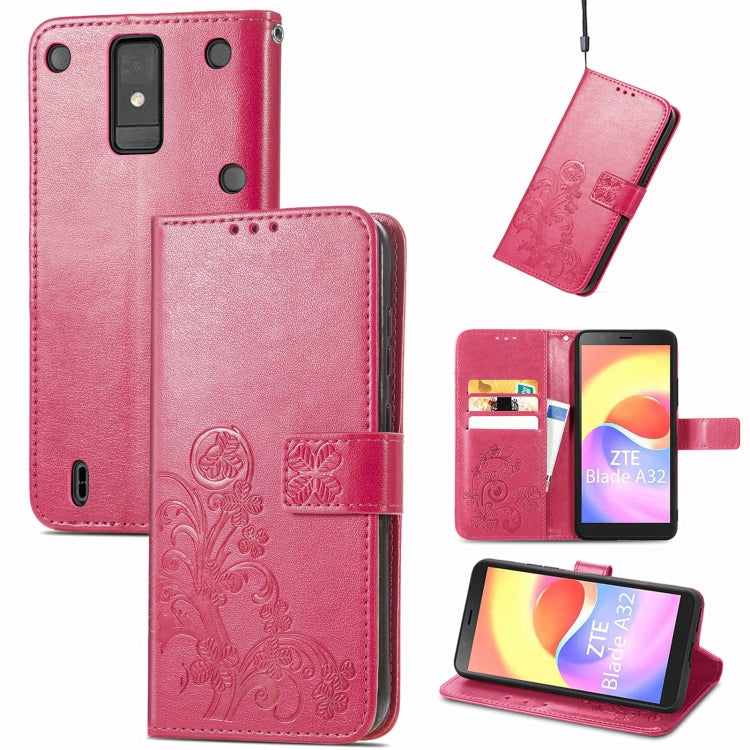 For ZTE Blade A32 Four-leaf Clasp Embossed Buckle Leather Phone Case