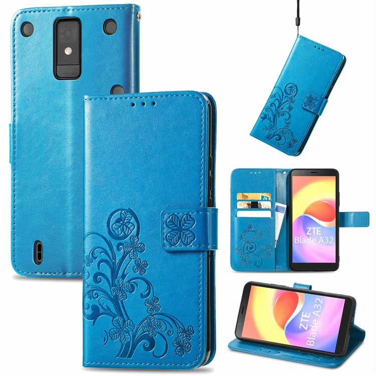 For ZTE Blade A32 Four-leaf Clasp Embossed Buckle Leather Phone Case