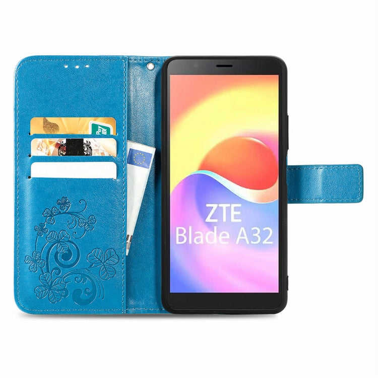 For ZTE Blade A32 Four-leaf Clasp Embossed Buckle Leather Phone Case