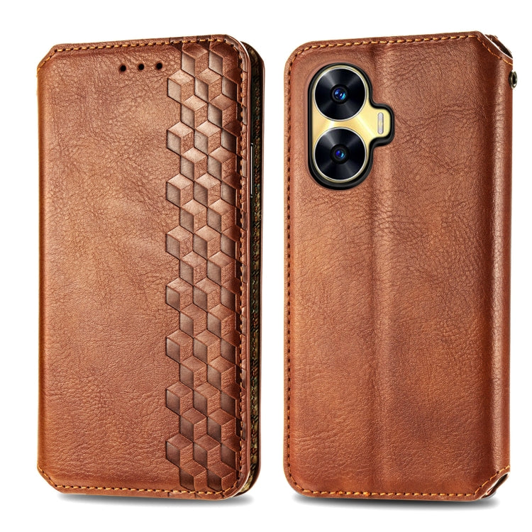 For Realme C55 Cubic Grid Pressed Magnetic Leather Phone Case