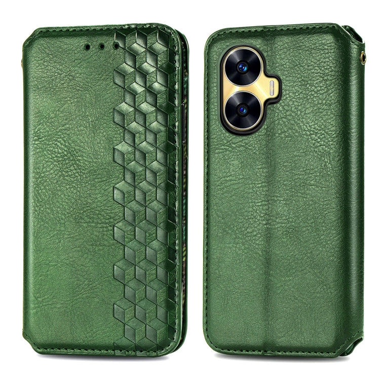 For Realme C55 Cubic Grid Pressed Magnetic Leather Phone Case