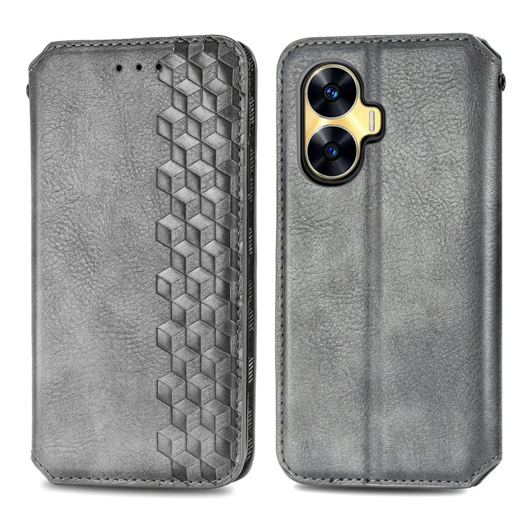 For Realme C55 Cubic Grid Pressed Magnetic Leather Phone Case