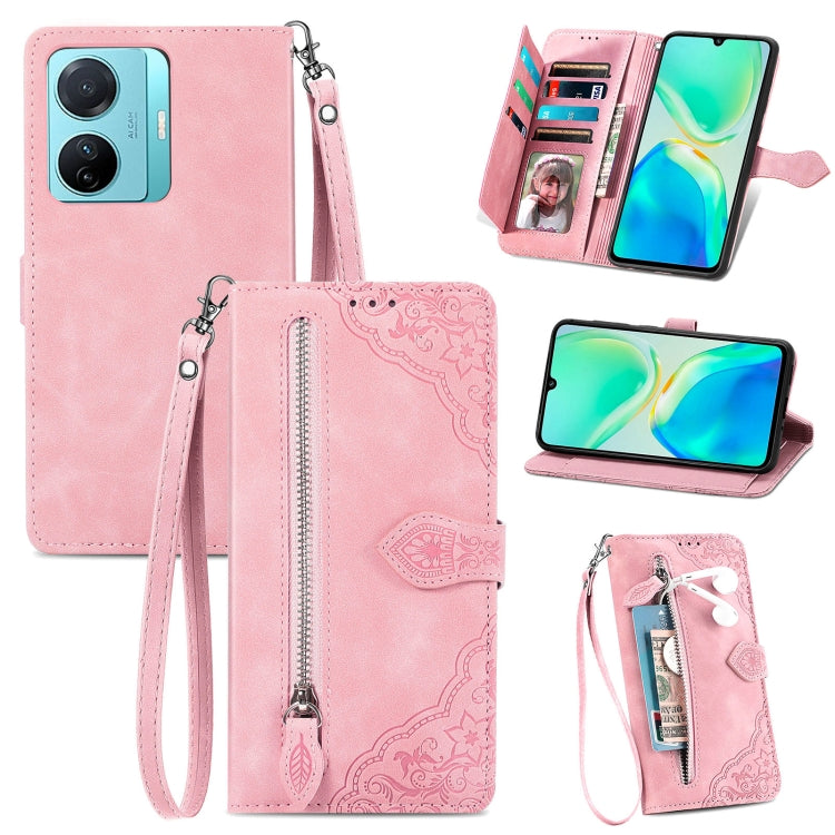 For vivo S15e Embossed Flower Zipper Leather Phone Case