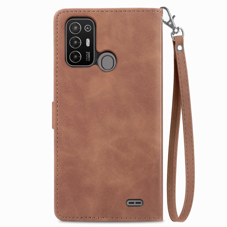 For ZTE Blade A52 Embossed Flower Zipper Leather Phone Case