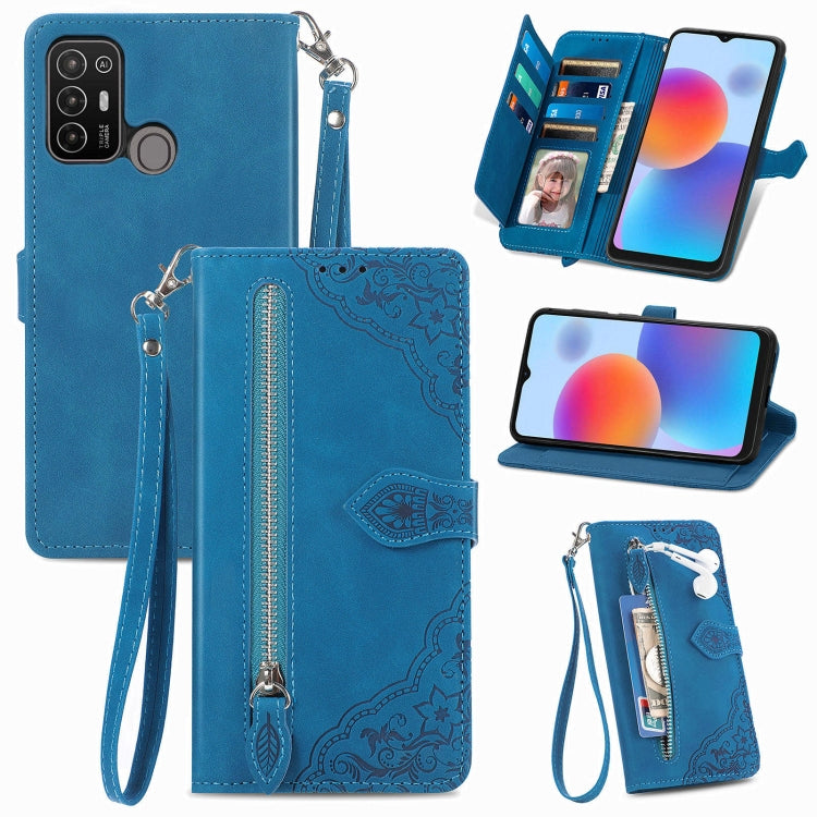 For ZTE Blade A52 Embossed Flower Zipper Leather Phone Case