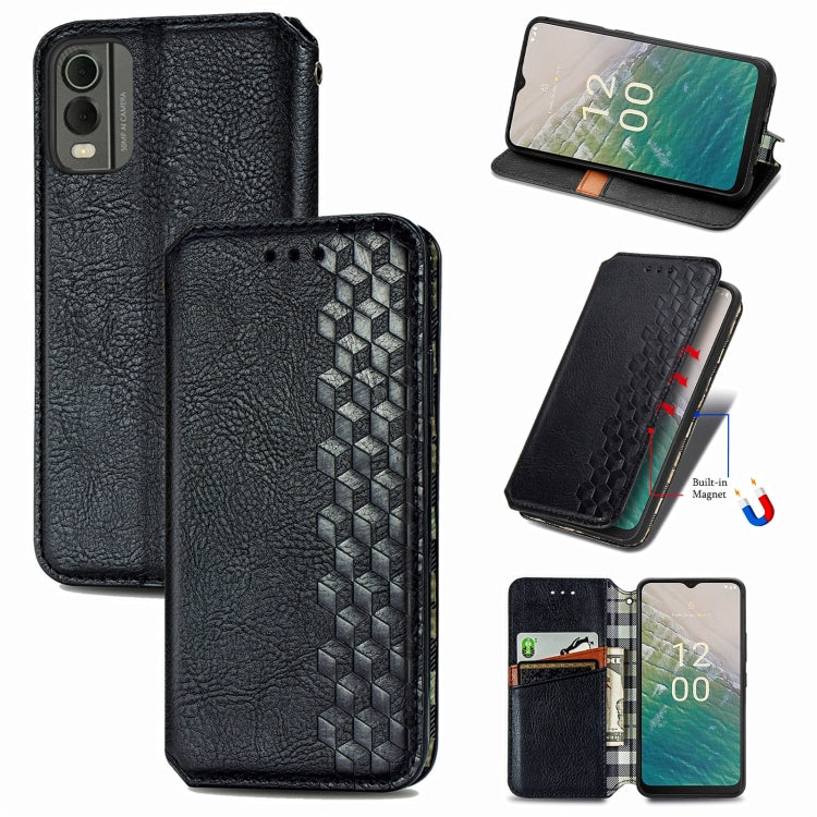 For Nokia C32 Cubic Grid Pressed Magnetic Leather Phone Case