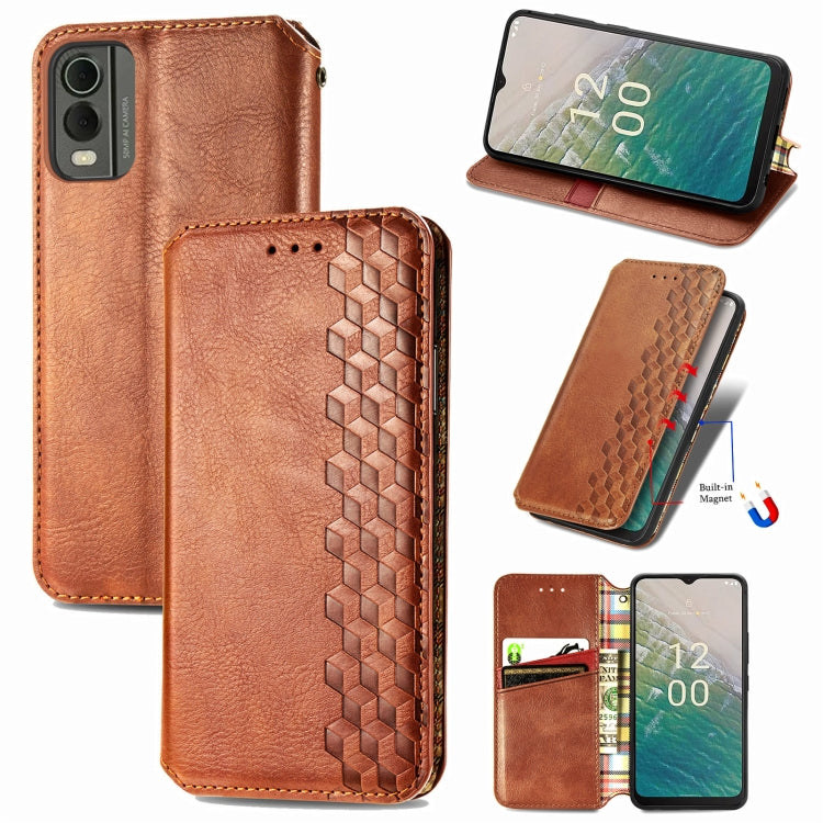 For Nokia C32 Cubic Grid Pressed Magnetic Leather Phone Case
