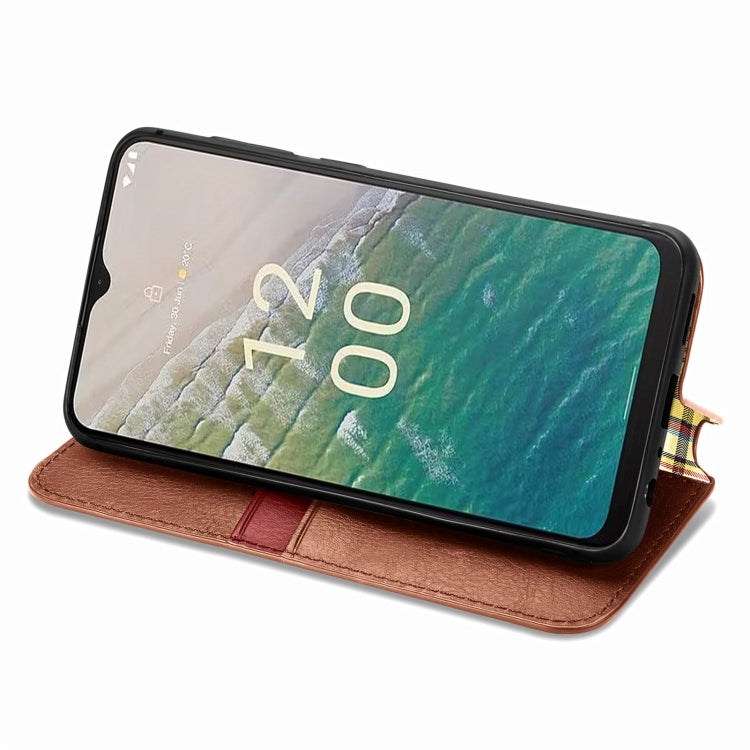 For Nokia C32 Cubic Grid Pressed Magnetic Leather Phone Case