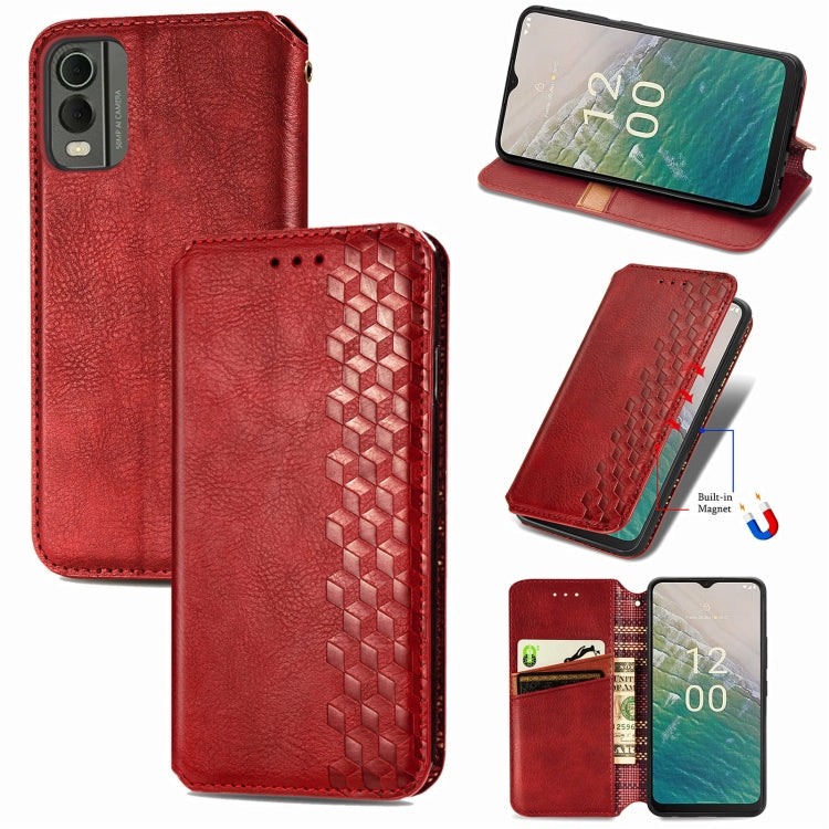 For Nokia C32 Cubic Grid Pressed Magnetic Leather Phone Case