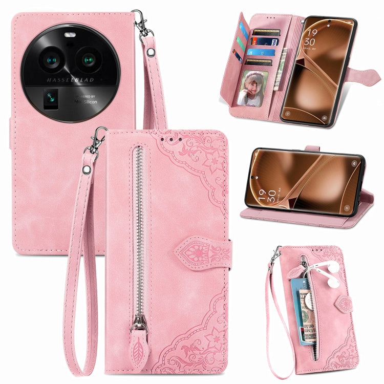 For OPPO Find X6 Pro Embossed Flower Zipper Leather Phone Case