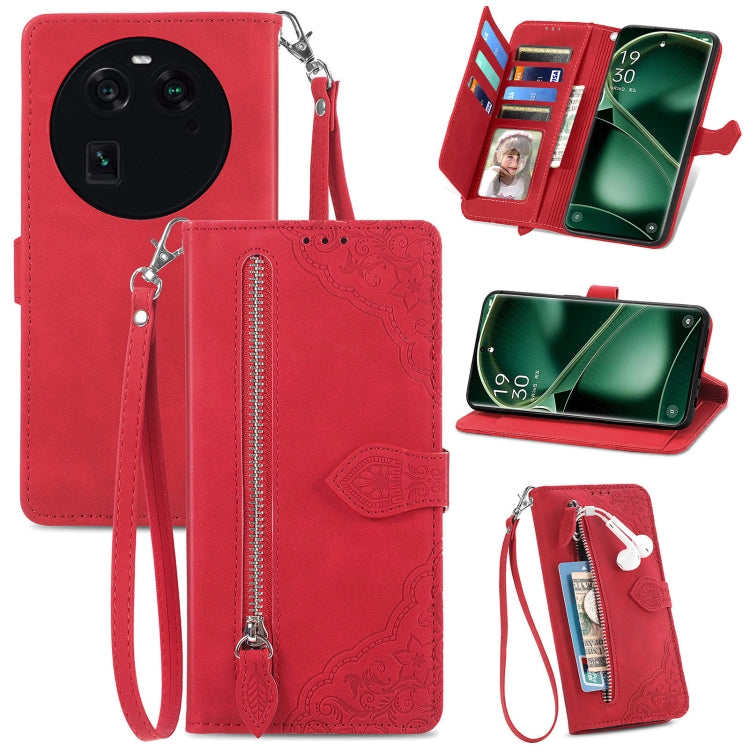 For OPPO Find X6 Embossed Flower Zipper Leather Phone Case