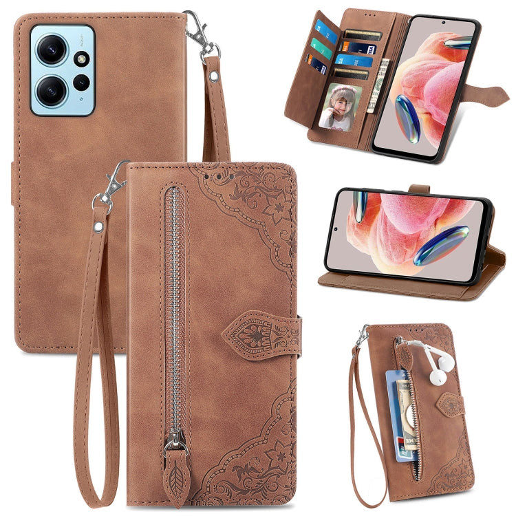 For Redmi Note 12 4G Global Embossed Flower Zipper Leather Phone Case