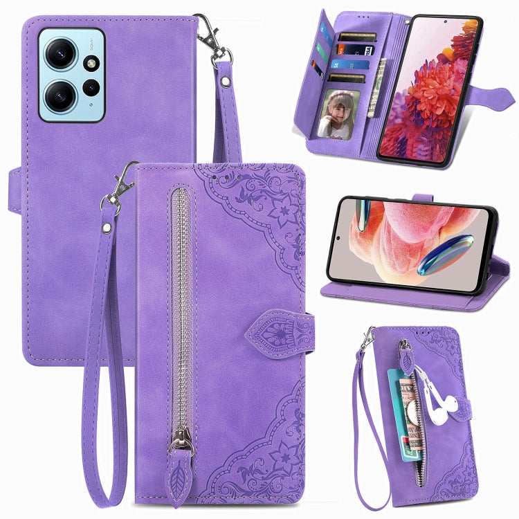 For Redmi Note 12 4G Global Embossed Flower Zipper Leather Phone Case