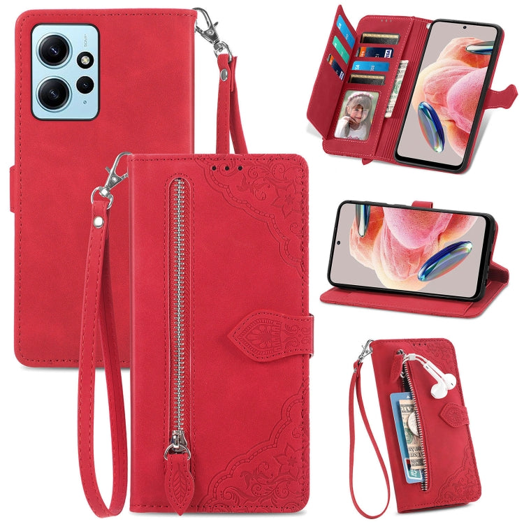 For Redmi Note 12 4G Global Embossed Flower Zipper Leather Phone Case