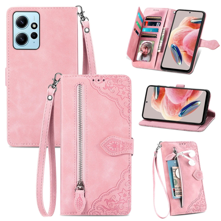 For Redmi Note 12 4G Global Embossed Flower Zipper Leather Phone Case