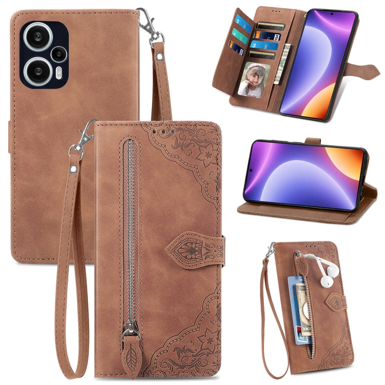 For Redmi Note 12 Turbo Embossed Flower Zipper Leather Phone Case