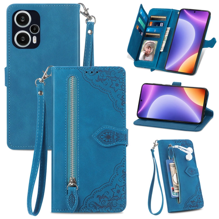 For Redmi Note 12 Turbo Embossed Flower Zipper Leather Phone Case