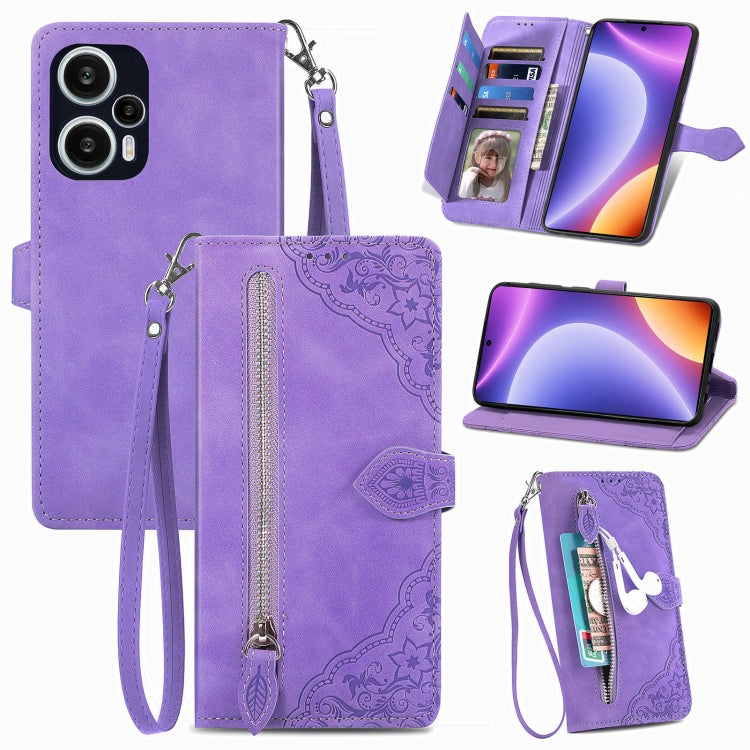 For Redmi Note 12 Turbo Embossed Flower Zipper Leather Phone Case